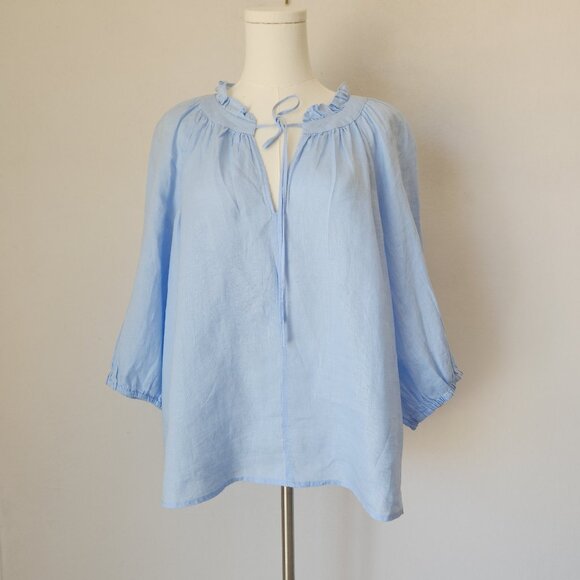 NWoT Sussan 100% Linen Ruffle V-Neck Boho Blouse Puff-Sleeve Blue Aus 18 (US14) - Picture 1 of 9